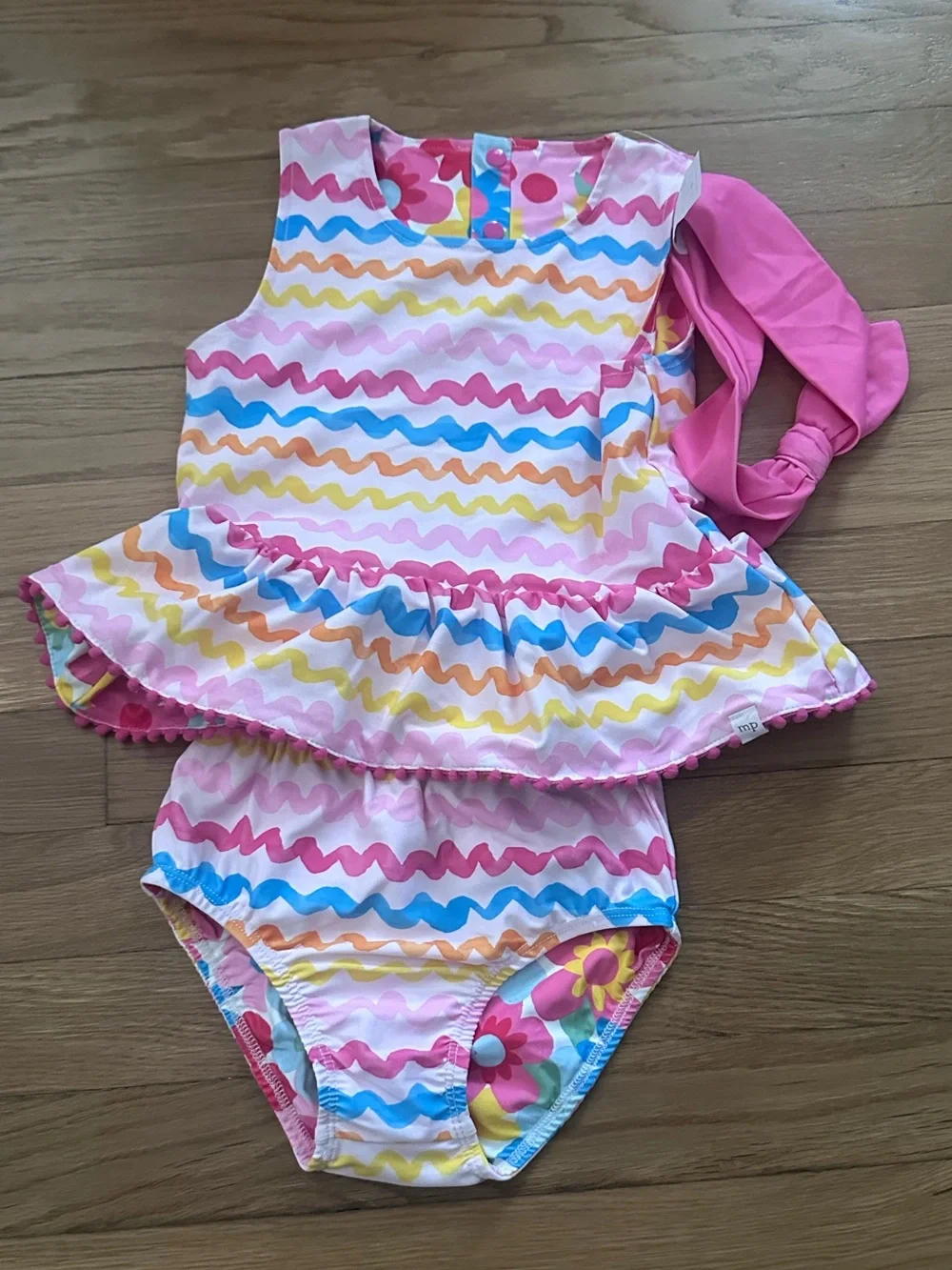 Mud Pie Reversible Girls Pink Multi Wavy Stripe Swim Set with Headband